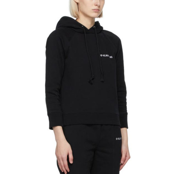 Helmut Lang Black White Logo Embroidered Hoodie Medium Cotton Hooded Sweatshirt - Picture 1 of 7